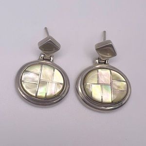 Yellow Mother of Pearl Inlay Sterling Silver 925 Stud Dangling Earrings